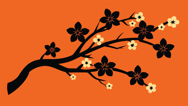 Black cherry blossom branch with cream flowers against vibrant orange background vector illustration