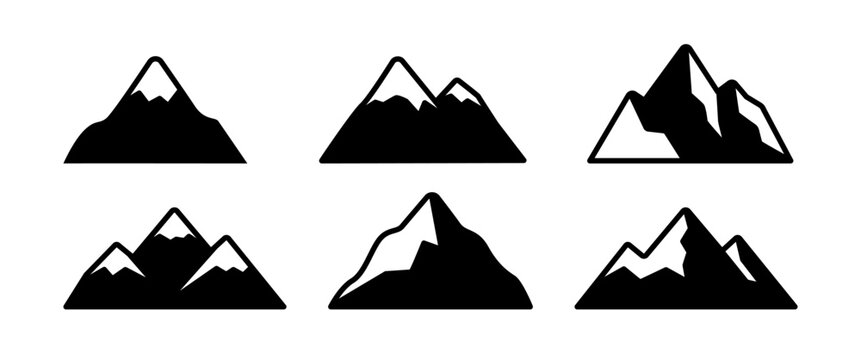 Mountain Icon Symbol Collection with Hiking Peaks Silhouette Set for Outdoor Adventure Logo and Branding Design