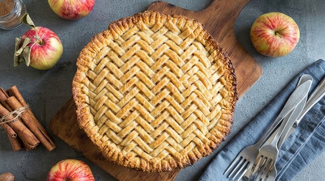 Deliciously baked golden apple pie with a beautiful lattice crust, ready for serving.