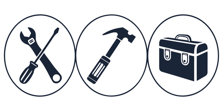 Collection of industrial icons featuring crossed wrench and screwdriver hammer and toolbox screwdriver maintenance construction handyman equipment workshop hardware