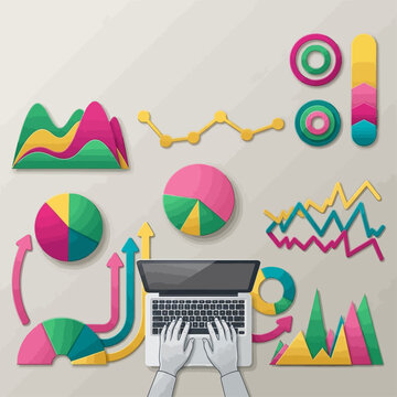 A person analyzes colorful graphs and charts on a laptop at a desk.