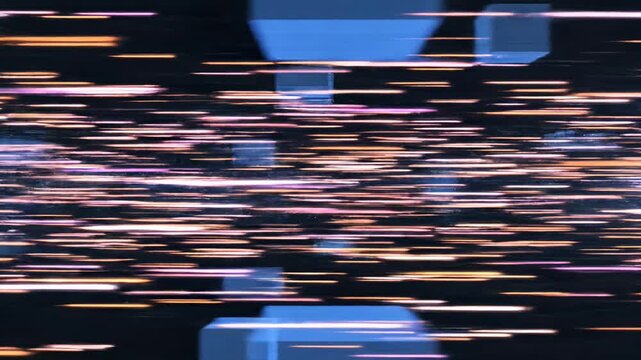 Dynamic light trails and blocks in motion background.