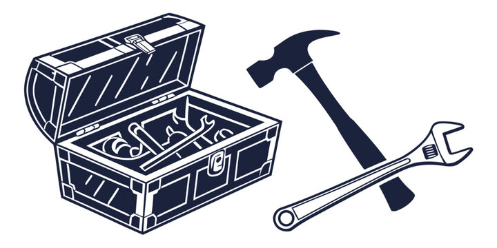 Open metal toolbox with assorted hand tools hammer and adjustable wrench maintenance equipment hardware construction mechanic handheld carpentry professional workshop