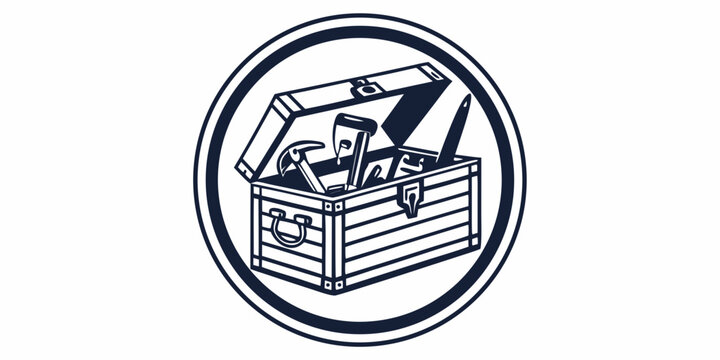 Circular badge design featuring open wooden toolbox and hammer carpentry woodworking construction maintenance workshop handyman illustration monochrome equipment hardware