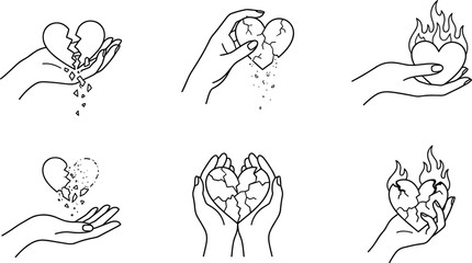 Fototapeta premium Broken Heart and Emotional Healing Line Art Collection Featuring Heartbreak, Recovery, Love Loss, Forgiveness, and Relationship Concepts