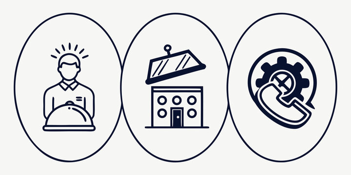 Set of three circular icons showing a person serving a dish an office building with a roof sensor a telephone handset with a cogwheel building telephone helpdesk customer