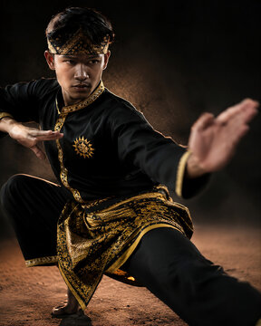 Young Indonesian male martial artist in dynamic pencak silat stance, black and gold uniform, dramatic low angle cinematic sports portrait with warm rim light