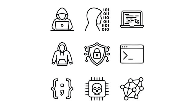 Mysterious Vector Icon Set Illustrating Hacker Elements, Including Hoodies, Laptops, and Binary Code, Rendered in a Minimalist Black and White Line Art Style for Cybersecurity and Tech Themes.