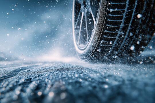 Close-up of a winter studded tire rolling on icy road, snow particles scattering, cold blue light, frost patterns visible on surface