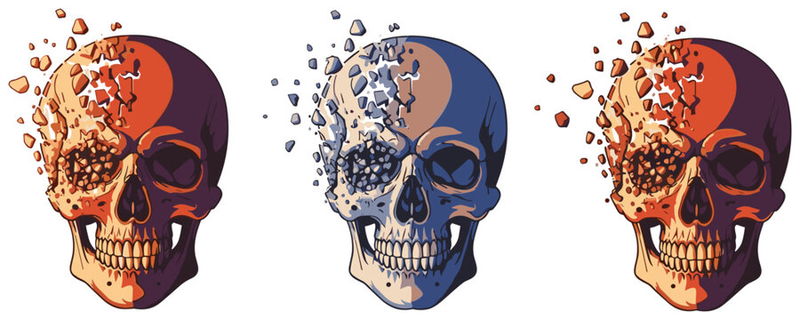 Exploding skull disintegration graphic art with vibrant color scheme and white background.