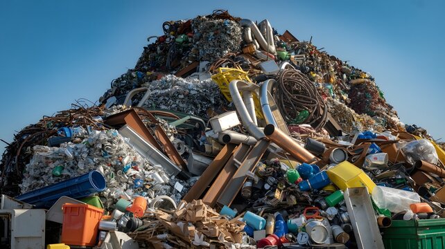 Mountain of assorted recyclable and non-recyclable waste materials in a large landfill site