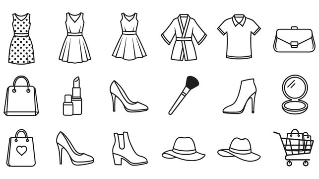 Outline icons for fashion and beauty products, simple line art style.