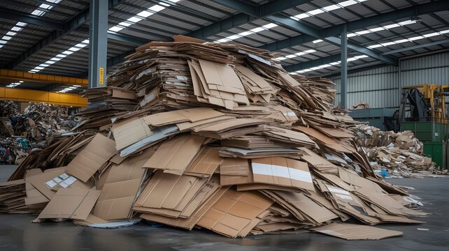 Large pile of flattened cardboard boxes and waste paper in warehouse facility