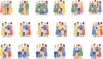 Fototapeta premium Multigenerational Family Collection Featuring Parents Children and Grandparents Standing Together Happy Family Vector Illustration Set