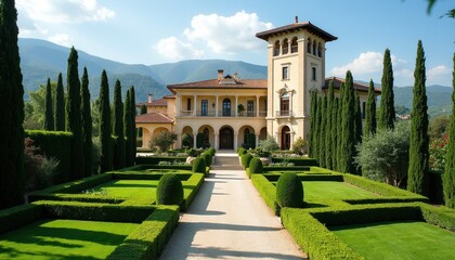 Obraz premium Elegant Italian villa with formal gardens and scenic mountain backdrop. A grand estate features manicured hedges, cypress trees, and a paved walkway leading to the entrance.