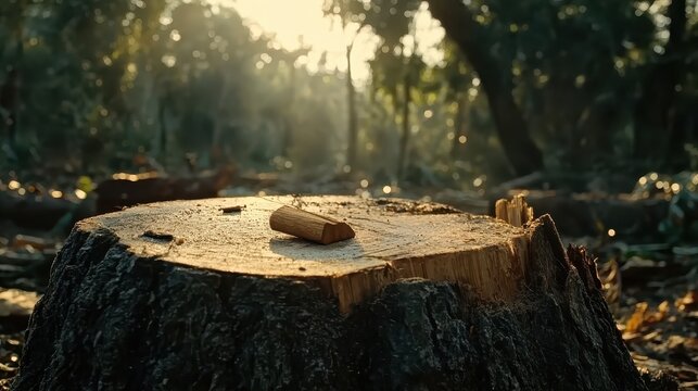 A lone piece of wood rests upon a freshly cut tree stump in a sun-dappled forest clearing, highlighting the impact of deforestation.