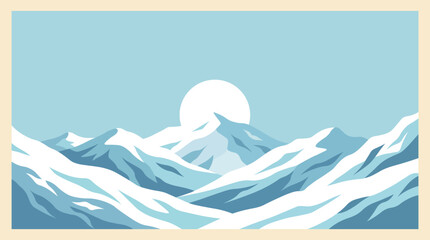 Minimalist blue mountain landscape with snow peaks and rising sun or full moon. Simple flat design vector background. © โยธิน ทุมจีน