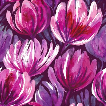 Watercolor dutch hex seamless pattern with vibrant purple flowers