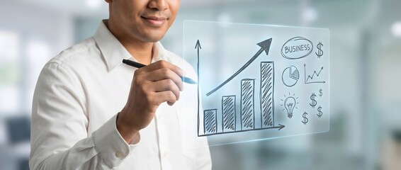 Businessman drawing upward trending graph and financial symbols on a transparent board