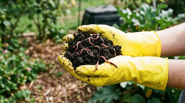 Hands in yellow gloves hold rich soil teeming with earthworms, promoting organic gardening and healthy soil.