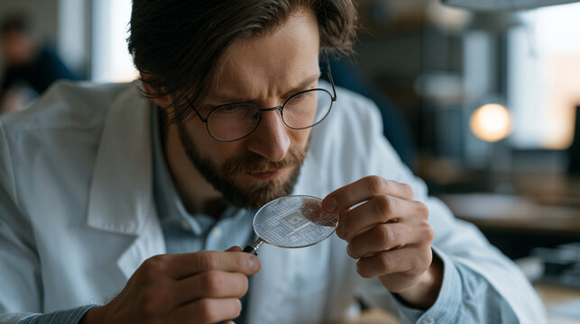 Engineer examining transparent wafer holding artificial synapse memristor under magnifying lamp in electronics research lab, semiconductor neuroscience innovation, circuit design