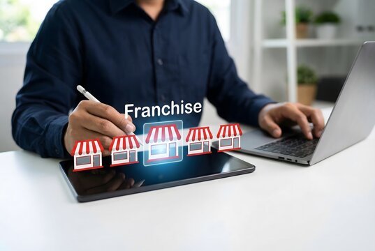 Businessman uses a tablet for expanding franchise locations while working on a laptop