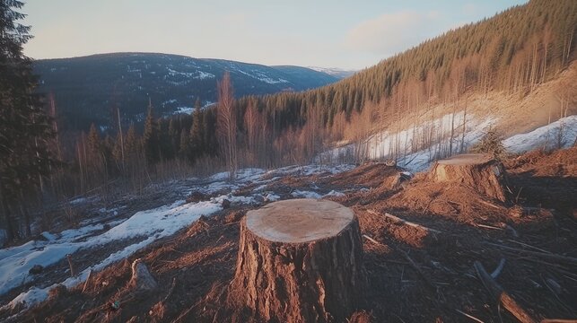 A large tree stump in a cleared forest area with felled trees and winter landscape