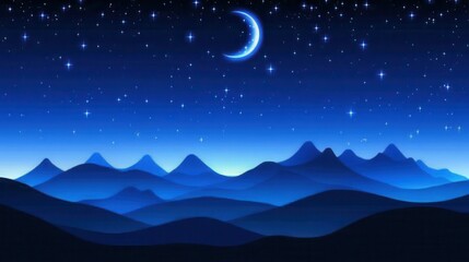 Fototapeta premium A Serene Night Sky With A Glowing Crescent Moon and Sparkling Stars Over Rolling Blue Mountains