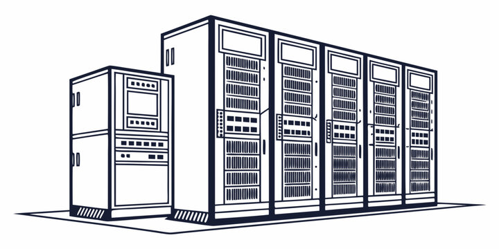 Graphic illustration of multiple computer server cabinets in a row with server room computing power technology infrastructure big data storage solutions server farm computing