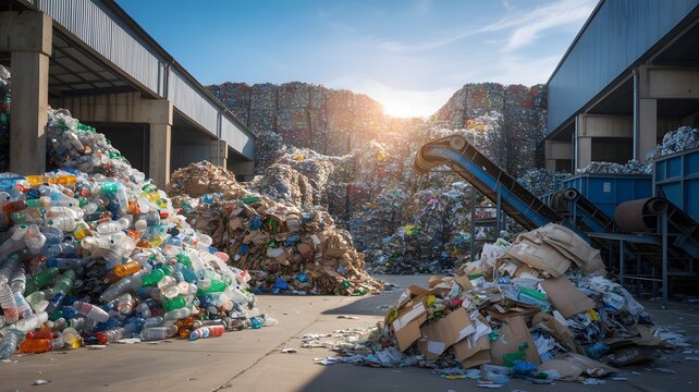 Waste management facility with large plastic bottles and cardboard debris under sunlight