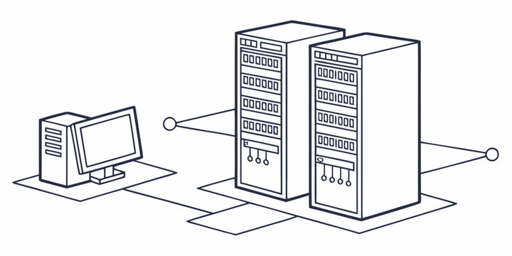 Data center server racks connected to workstation computer with computing technology infrastructure computer database hardware information connection enterprise management