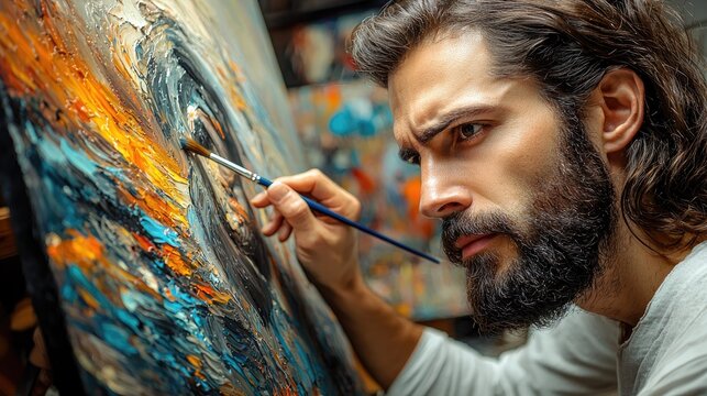 Focused Artist Painting Abstract Oil Artwork in Studio
