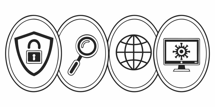 Data security and information technology protection vector icons set with security protection internet technology magnifying computer software vulnerability analysis