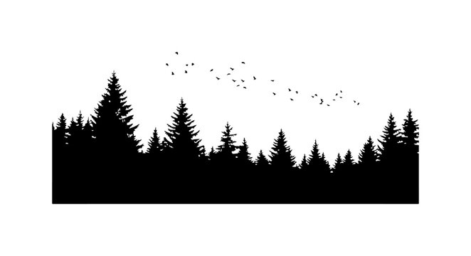 Black forest silhouette, pine tree landscape, nature scene, vector icon
