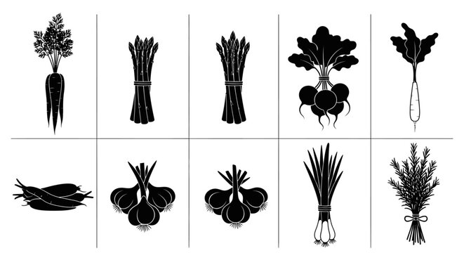 Black and white vegetable icons set various root vegetables
