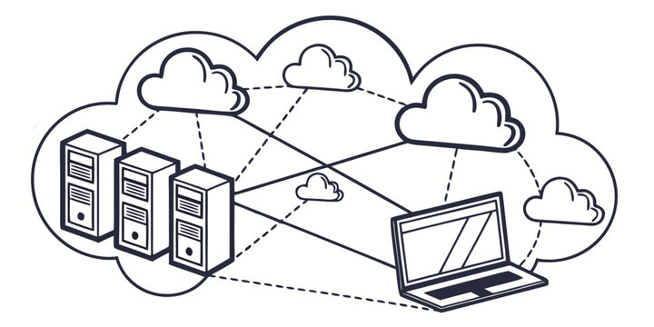 Cloud computing network diagram with server array and laptop connectivity computing technology infrastructure connection internet communication database software abstract