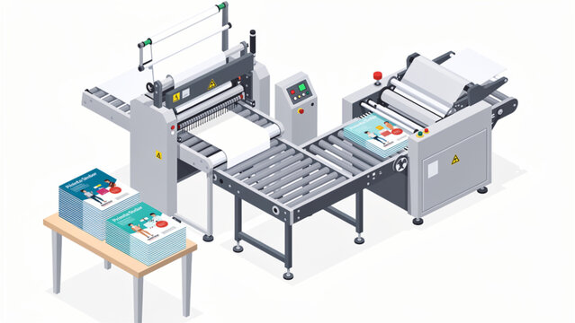 automated industrial paper printing machine with colorful completed books in factory setting