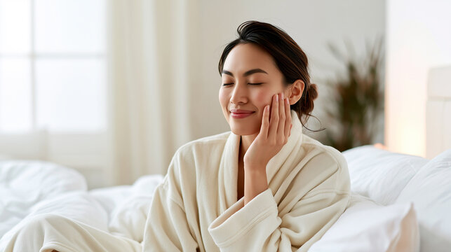 Spa hotel relaxation, woman in bathrobe enjoying calm selfcare in bright suite, cozy bedding and soft daylight, wellness retreat mood, peaceful comfort and rejuvenation concept.