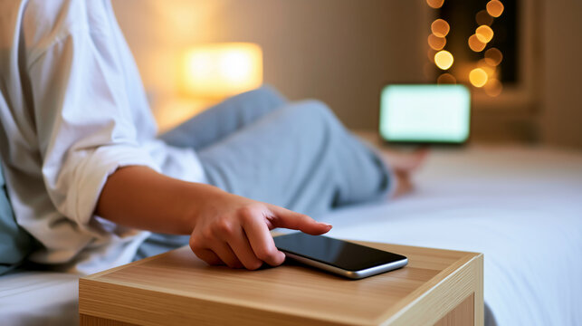 Bedtime screen habit, hand reaching for smartphone on nightstand, digital detox and device addiction concept, sleep hygiene warning, nighttime distraction linked to insomnia, calm cozy bedroom light.