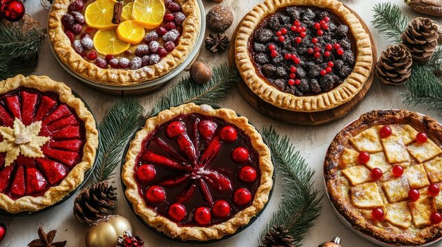 Assortment of Festive Holiday Fruit Pies Arranged on a Kitchen Counter for a Delicious Celebration