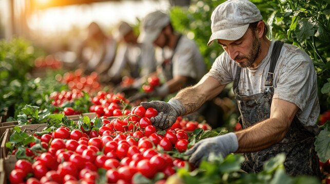 Farmers Harvesting Organic Red Tomatoes in Greenhouse Farm