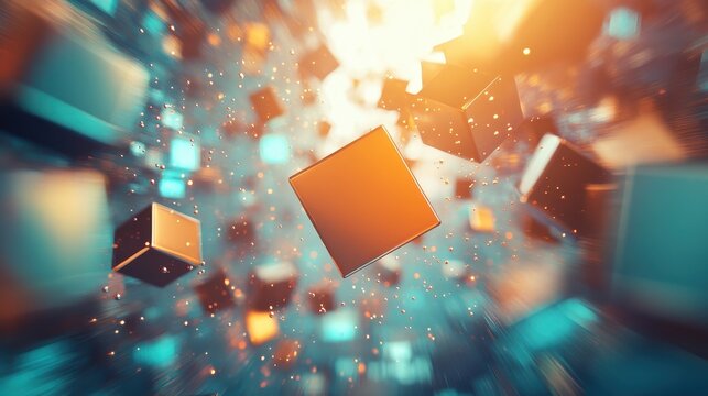 Abstract geometric digital data flow with bright light and scattered elements