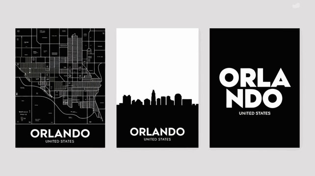 Orlando city skyline vector illustrations with typography and united states text black and white florida cityscape urban metropolitan architecture buildings