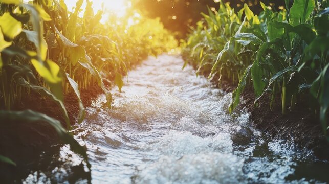 Agricultural runoff flowing through a cornfield and into a village creek under bright midday sun