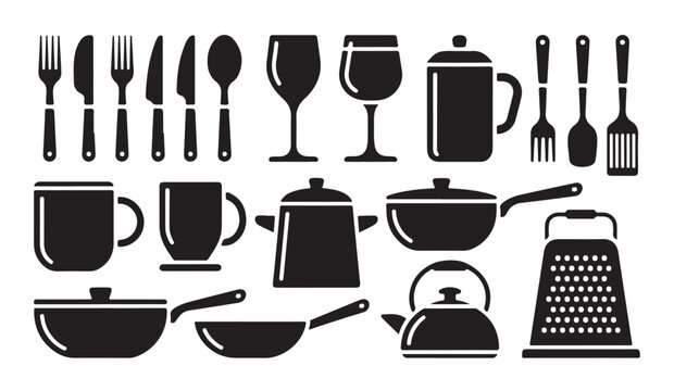 Collection of kitchen cutlery, glassware, cookware, and other essential cooking tools.