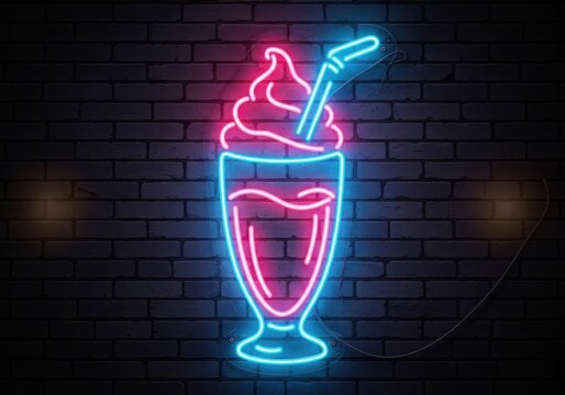 Neon milkshake sign on a dark brick wall