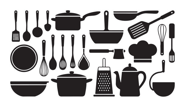 Kitchen tools and cooking utensils collection with various culinary equipment silhouettes.