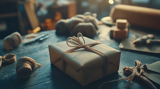 An elegantly wrapped gift with twine and ribbon resting on a rustic wooden table, illuminated by soft ambient light.