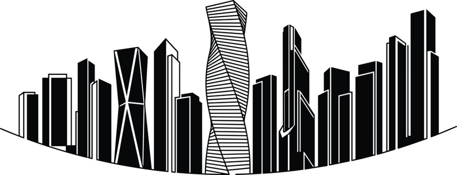 Modern city skyline vector illustration featuring black skyscraper silhouettes and futuristic architecture isolated on white background