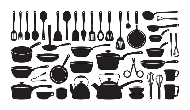 Professional kitchenware and cooking tool silhouette set for culinary and food preparation.